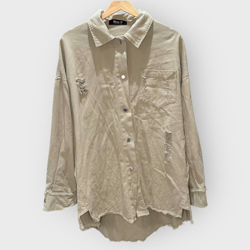 Blue B Collection Large Sage Green Oversized Button Shacket Distressed Boho